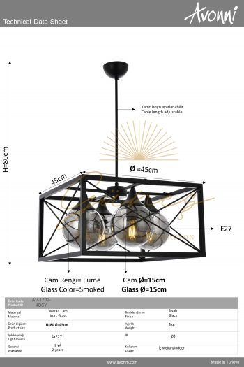 Siyah Boyalı Modern Avize AVONNİ-AV-1732-4BSY