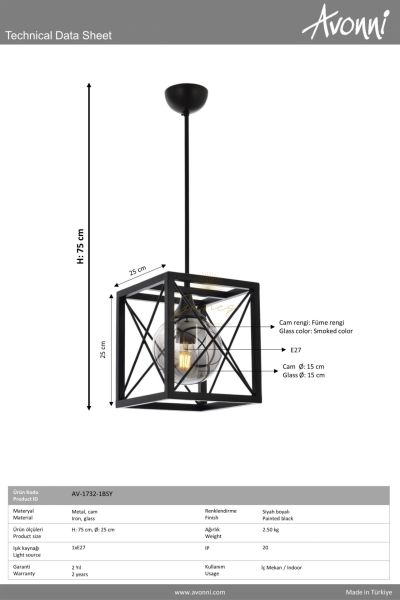 Siyah Boyalı Modern Avize AVONNİ-AV-1732-1BSY