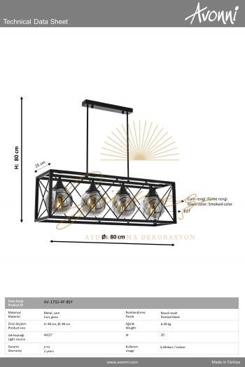 Siyah Boyalı Modern Avize AVONNİ-AV-1732-4Y-BSY