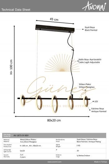 Sarı/Siyah Boyalı Modern Avize AVONNI AV-1873-5Y-BSY