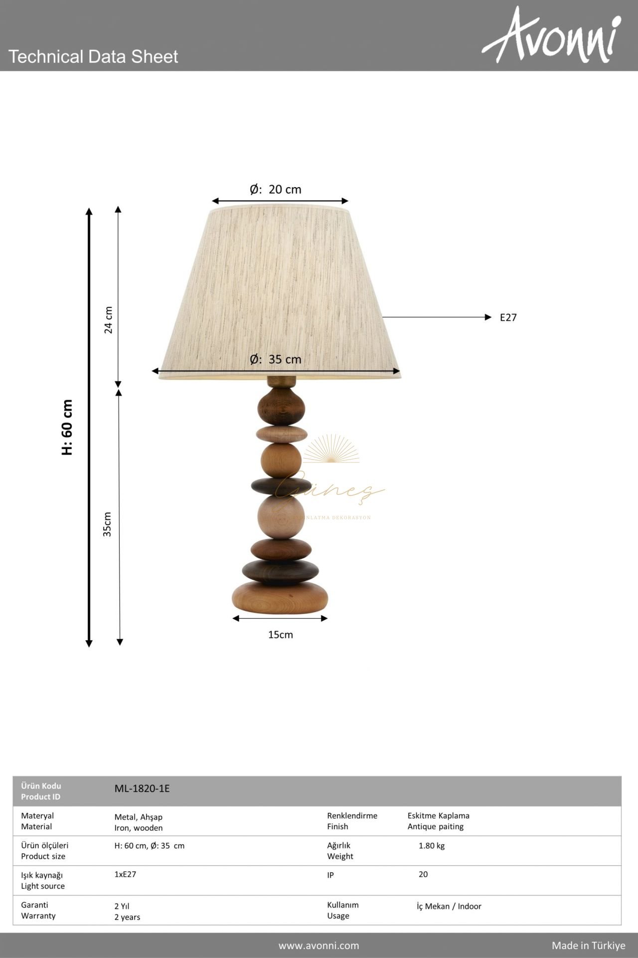 Eskitme Kaplama Masa Lambası AVONNİ-ML-1820-1E