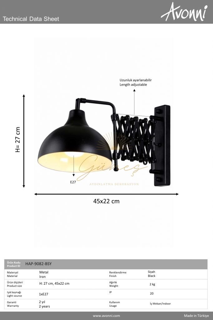 Siyah Boyalı Aplik AVONNİ-HAP-9082-BSY