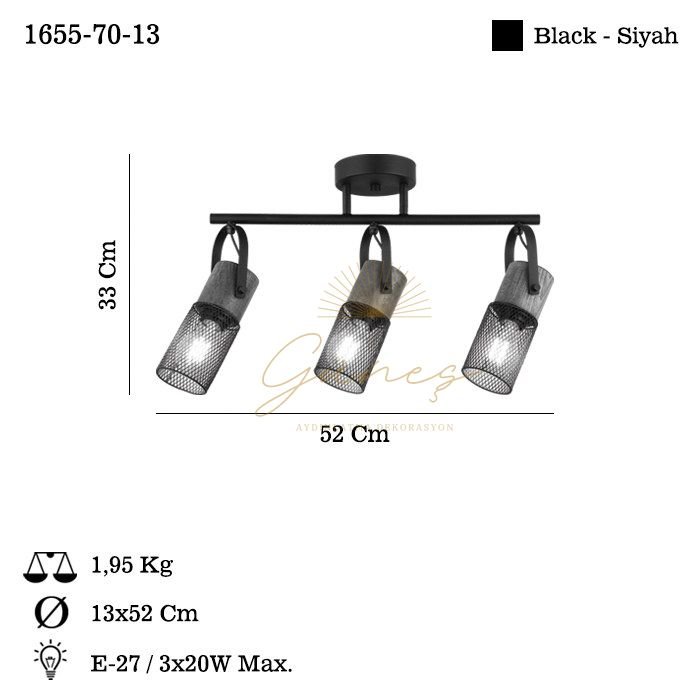 LEMA 3 LU SIYAH PLAFONYER 3XE27