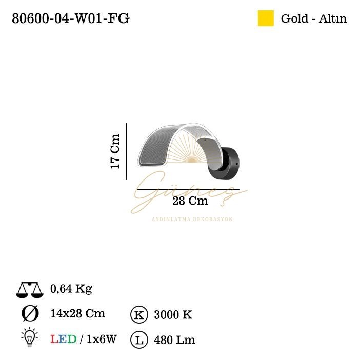 PRADO TEKLI ALTIN LEDLI APLIK 1x7W 3000K