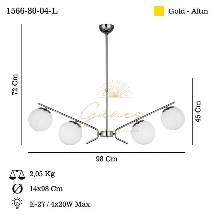 PETOS 4 LÜ ALTIN SIRALI AVİZE 4XE27