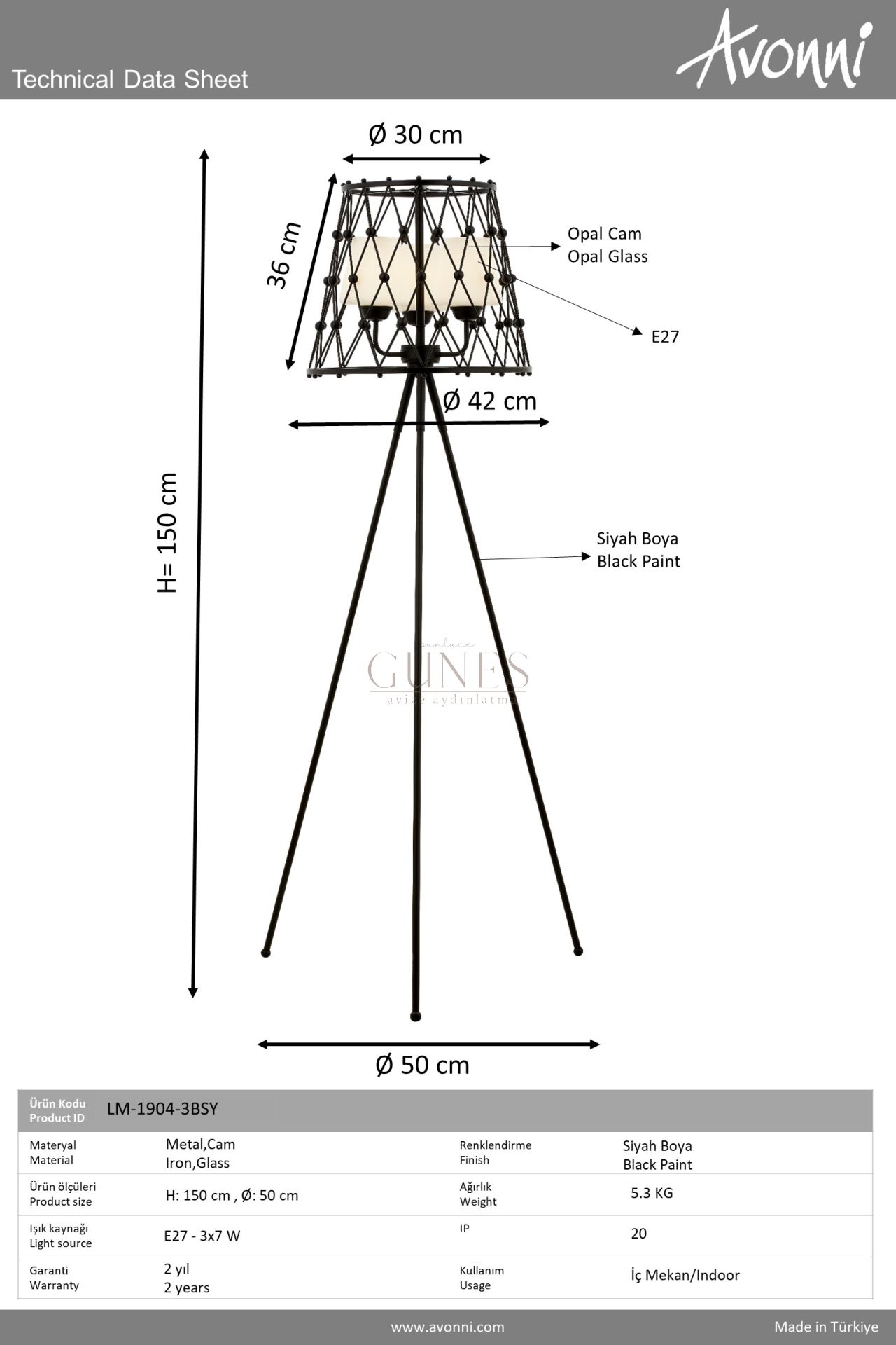 Siyah Boyalı Lambader AVONNI LM-1904-3BSA
