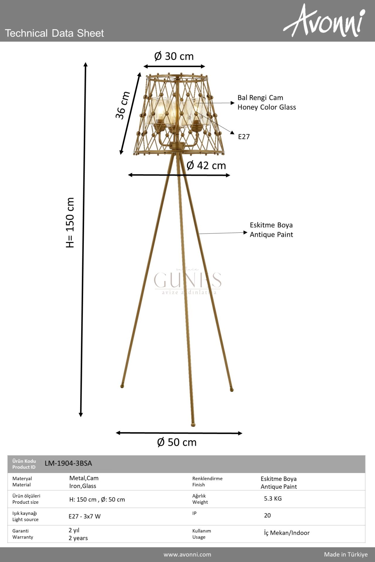 Eskitme Boyalı Lambader AVONNI LM-1904-3BSA
