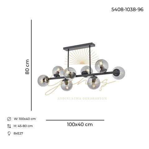 Milan 8li Sıralı Antrasit Modern Avize