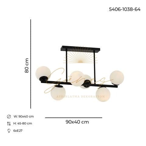 Milan 6lı Sıralı Siyah Modern Avize