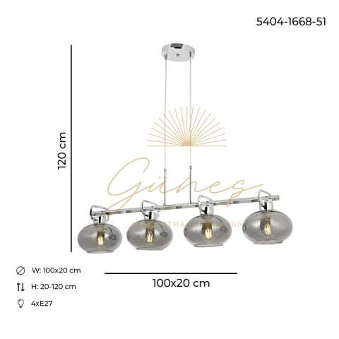 London 4lü Sıralı Avize Krom