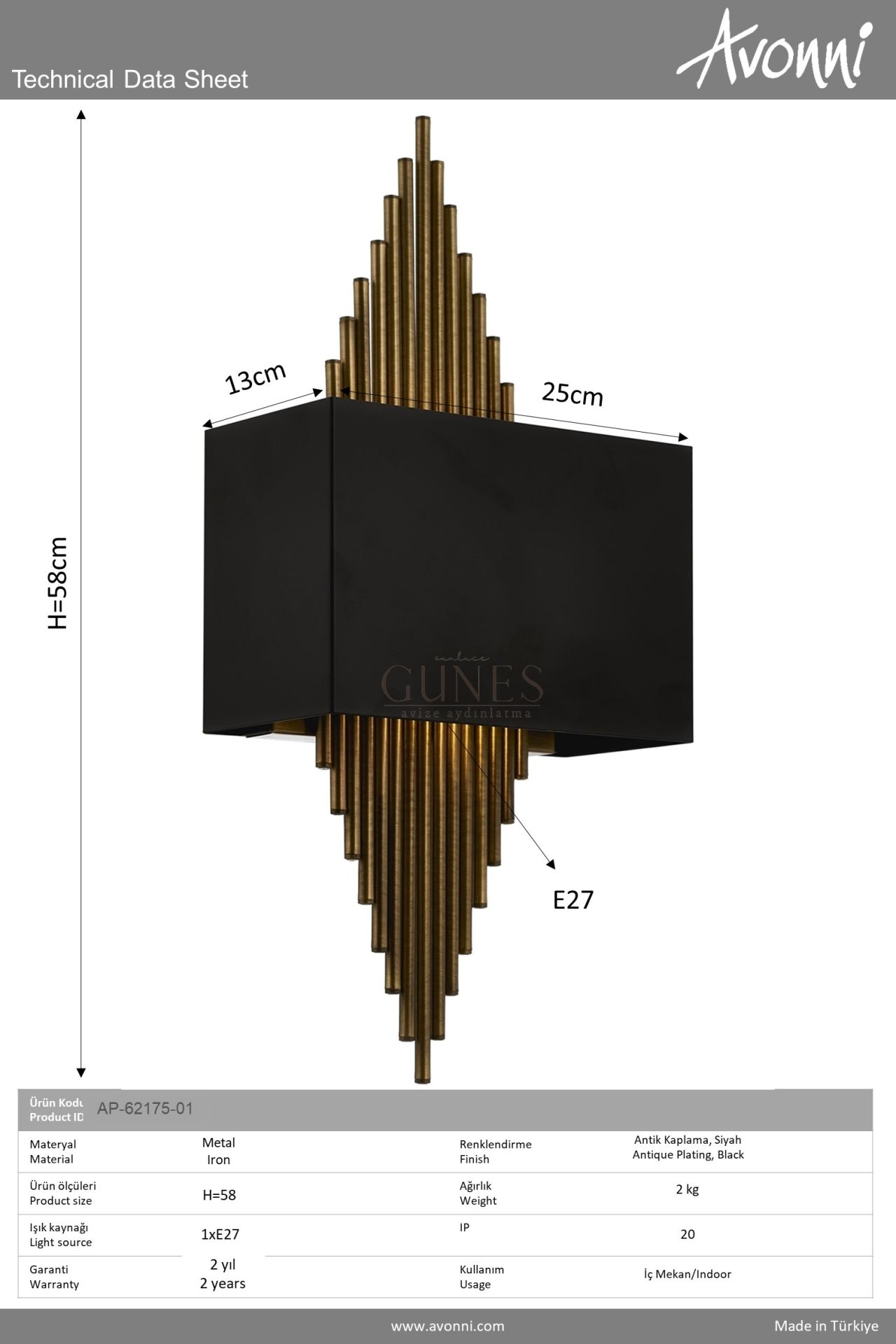 Siyah Boyalı Aplik AVONNİ-AP-62175-01