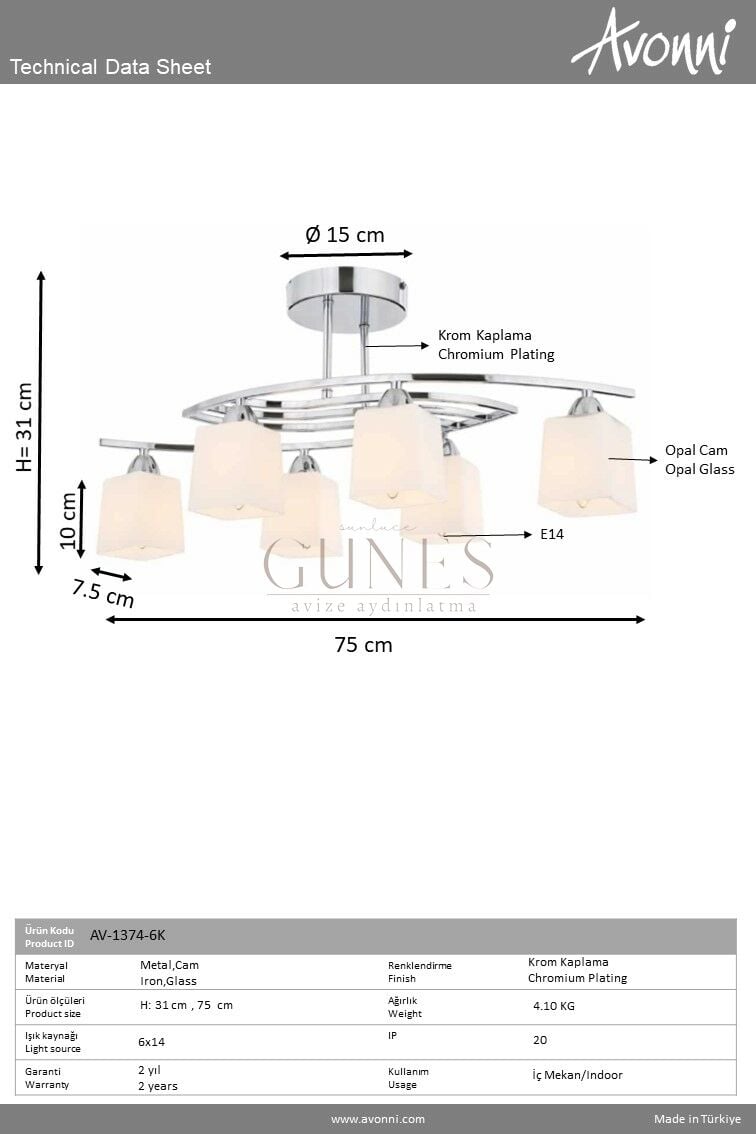 Krom Kaplama Modern Avize AVONNI AV-1374-6K