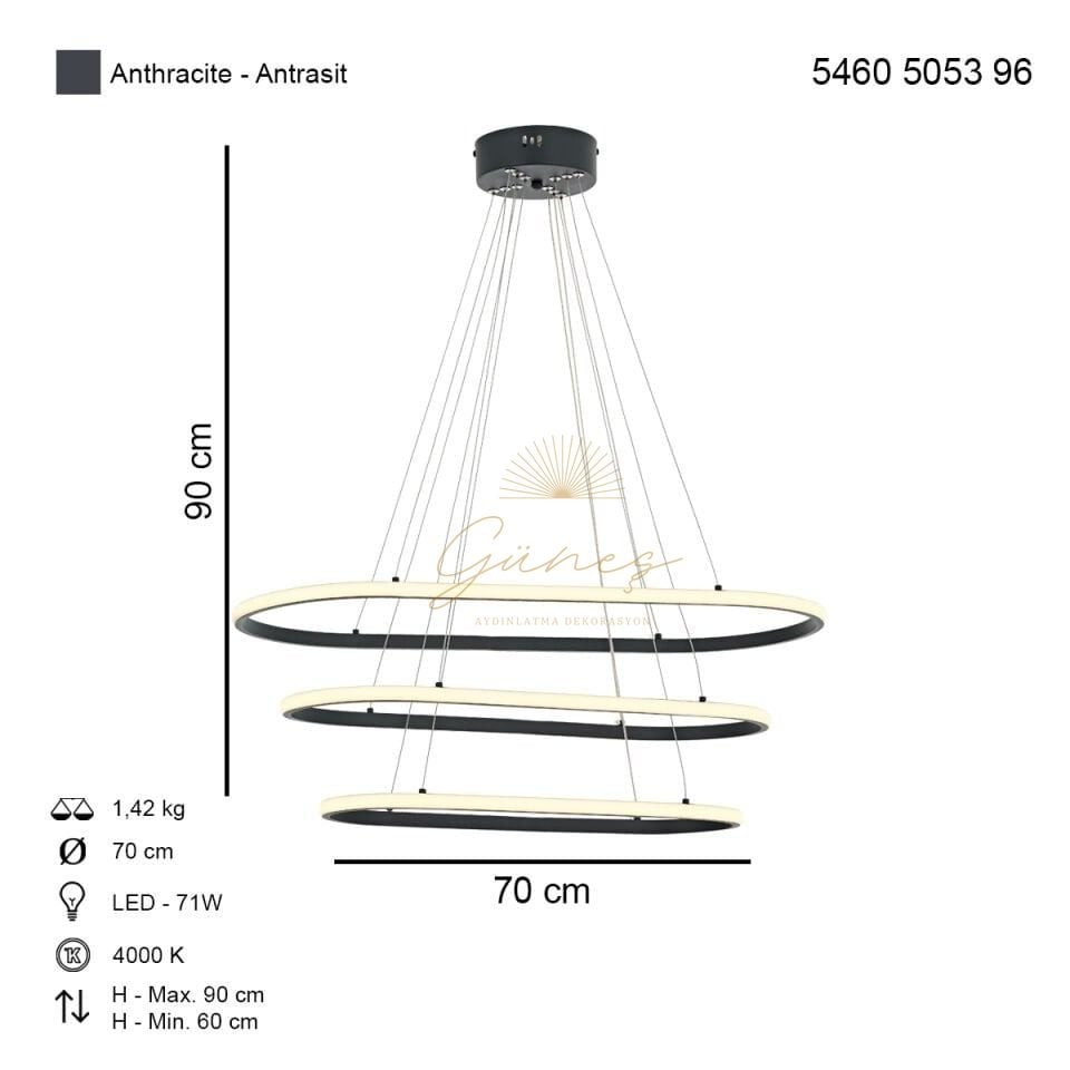 Lund 60lık Oval Ledli Avize Antrasit