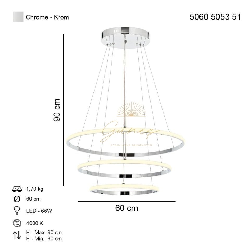 Lund 60lık Ledli Avize Krom