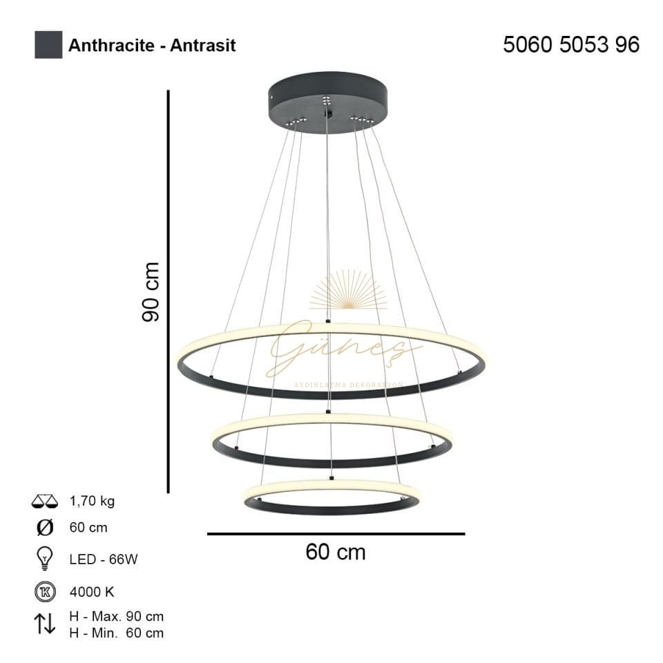 Lund 60lık Ledli Avize Antrasit