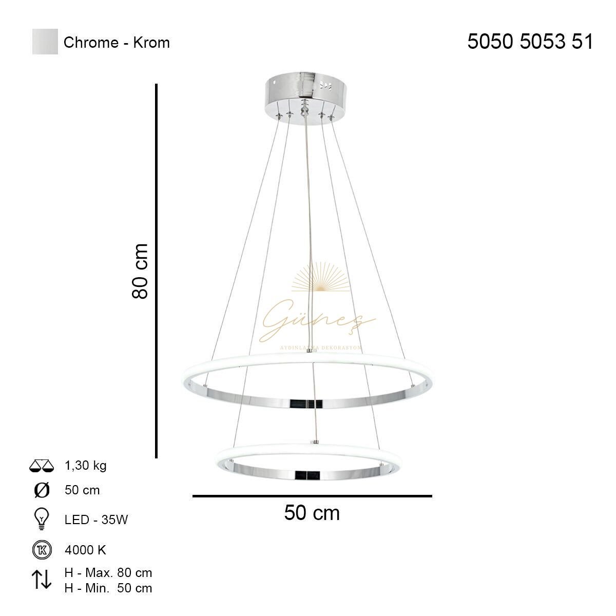 Lund 50lik Ledli Avize Krom