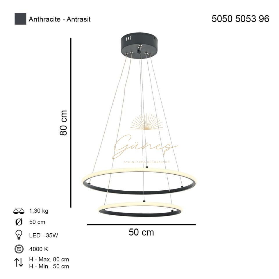 Lund 50lik Ledli Avize Antrasit