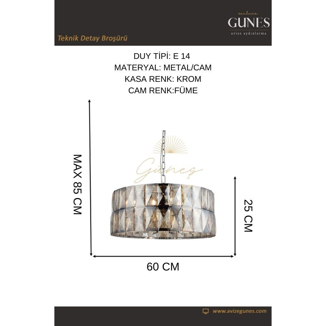 MT-014 60 LIK FÜME TAŞLI KROM KRİSTAL AVİZE