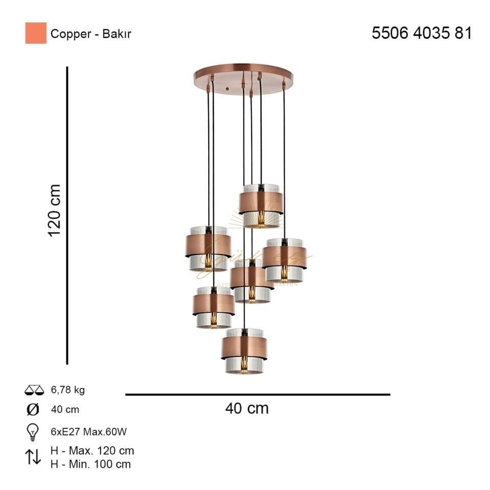Roza 6 lı Sarkıt Avize Bakır