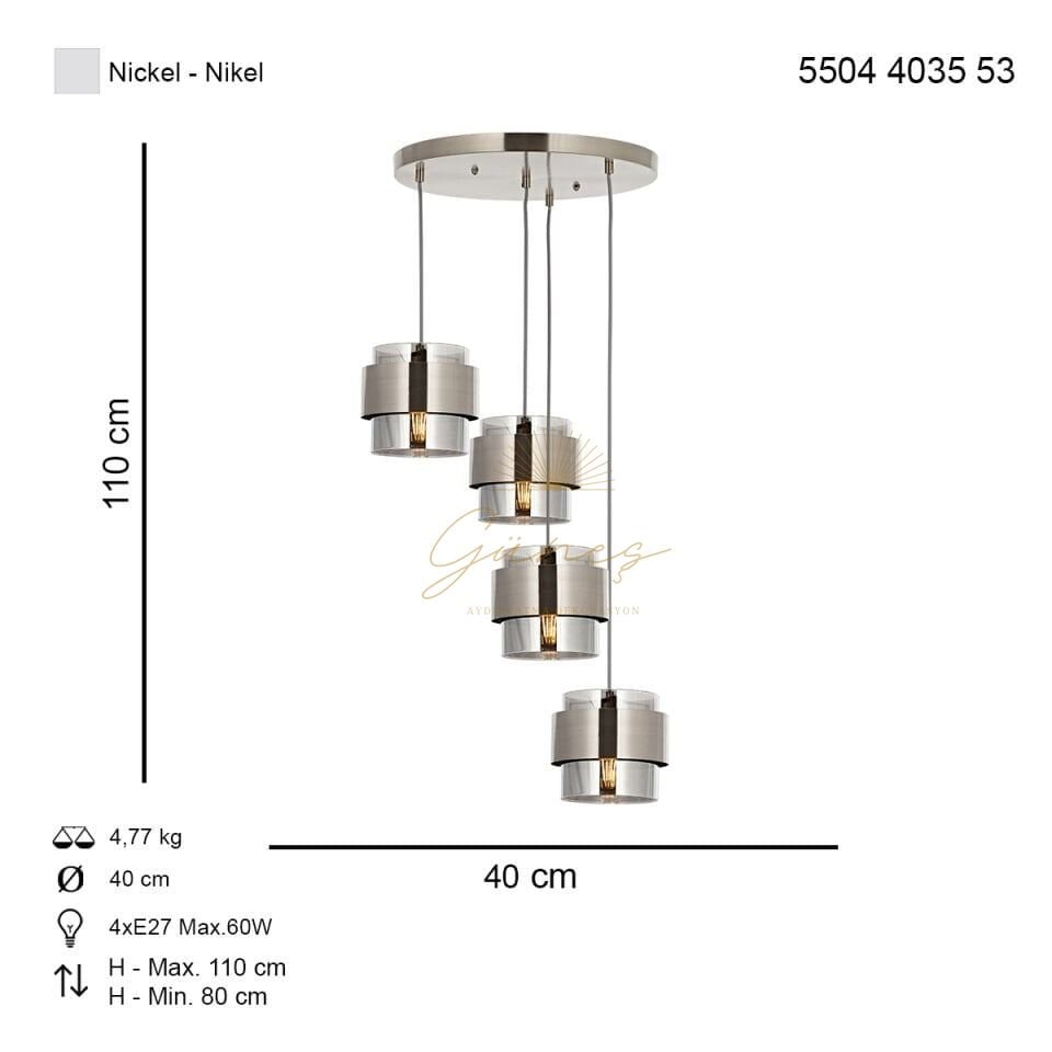 Roza 4 lü Sarkıt Avize Nikel
