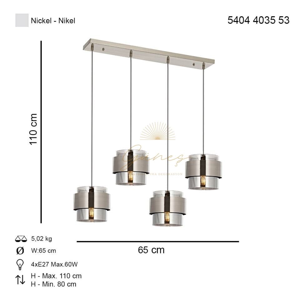 Roza Sıralı 4 lü Sarkıt Avize Nikel
