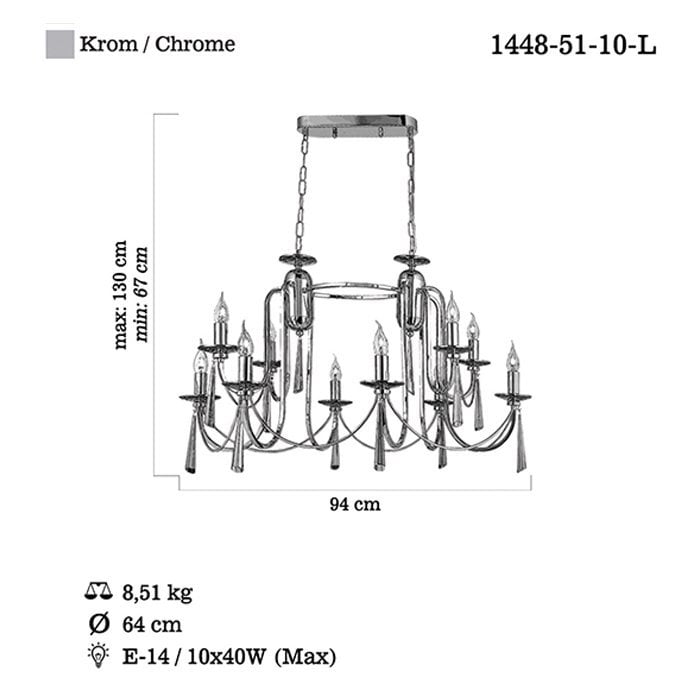 Aytaç Lucea Kontes 10 lu Krom Yemek Masası Avize (6+4) 10XE14