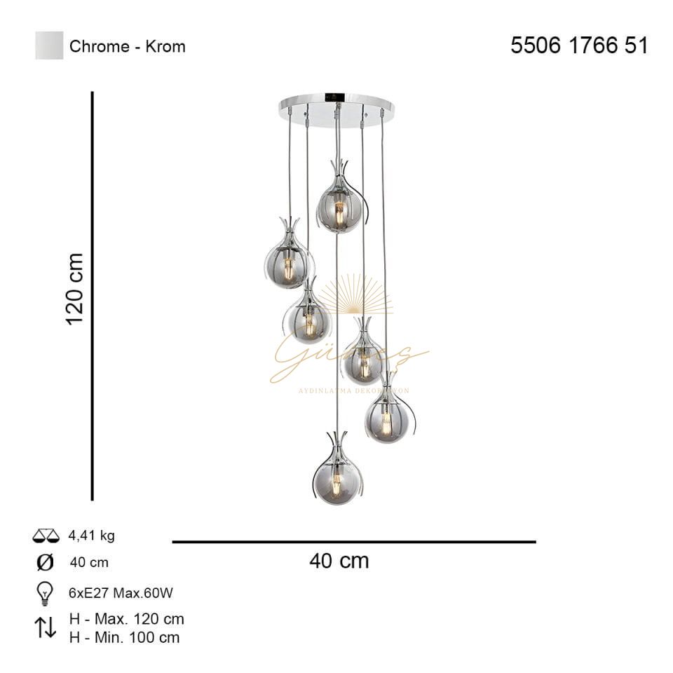 Pençe 6 lı Sarkıt Avize Krom