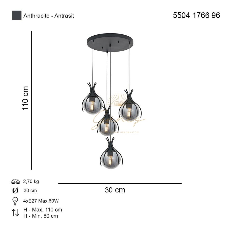 Pençe 4 lü Sarkıt Avize Antrasit