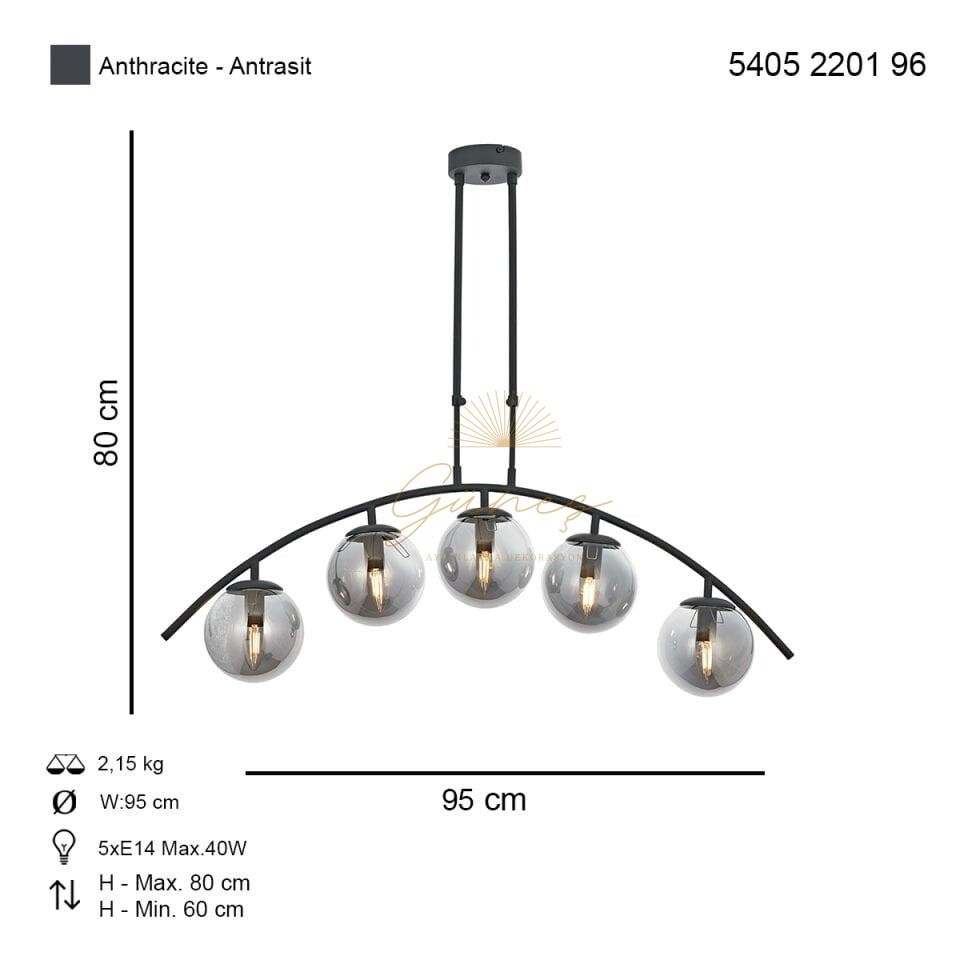 Özen Sıralı 5 li Sarkıt Avize Antrasit