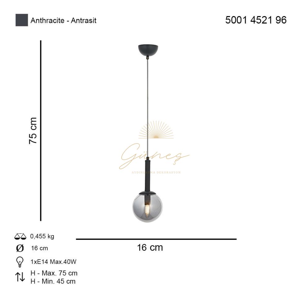 Helyum Tekli Sarkıt Avize Antrasit