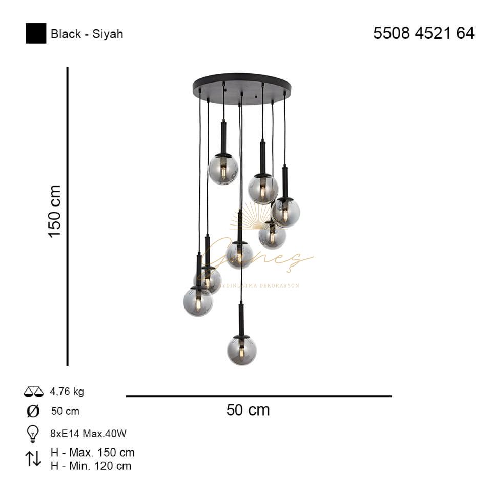 Helyum 8 li Sarkıt Avize Siyah