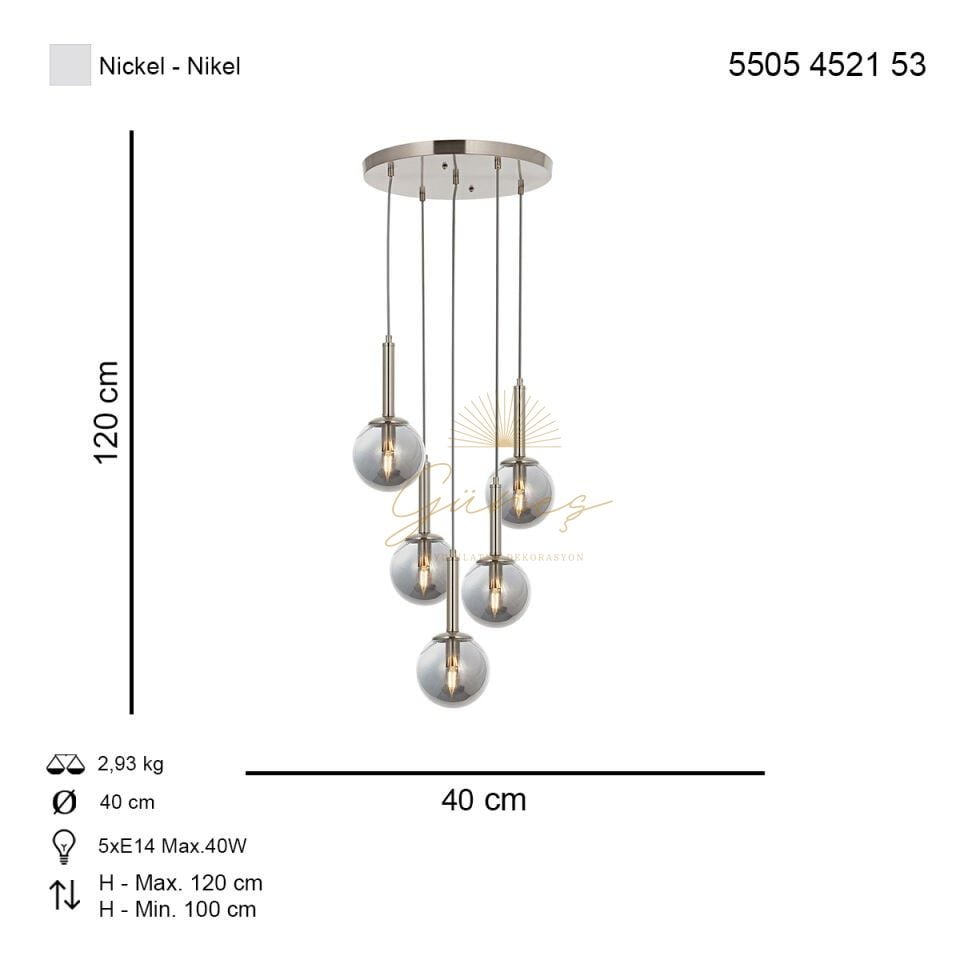 Helyum 5 li Sarkıt Avize Nikel