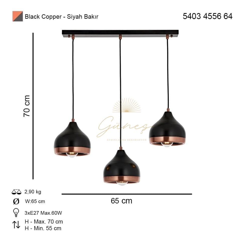 Delıght Sıralı 3 lü Sarkıt Avize Siyah