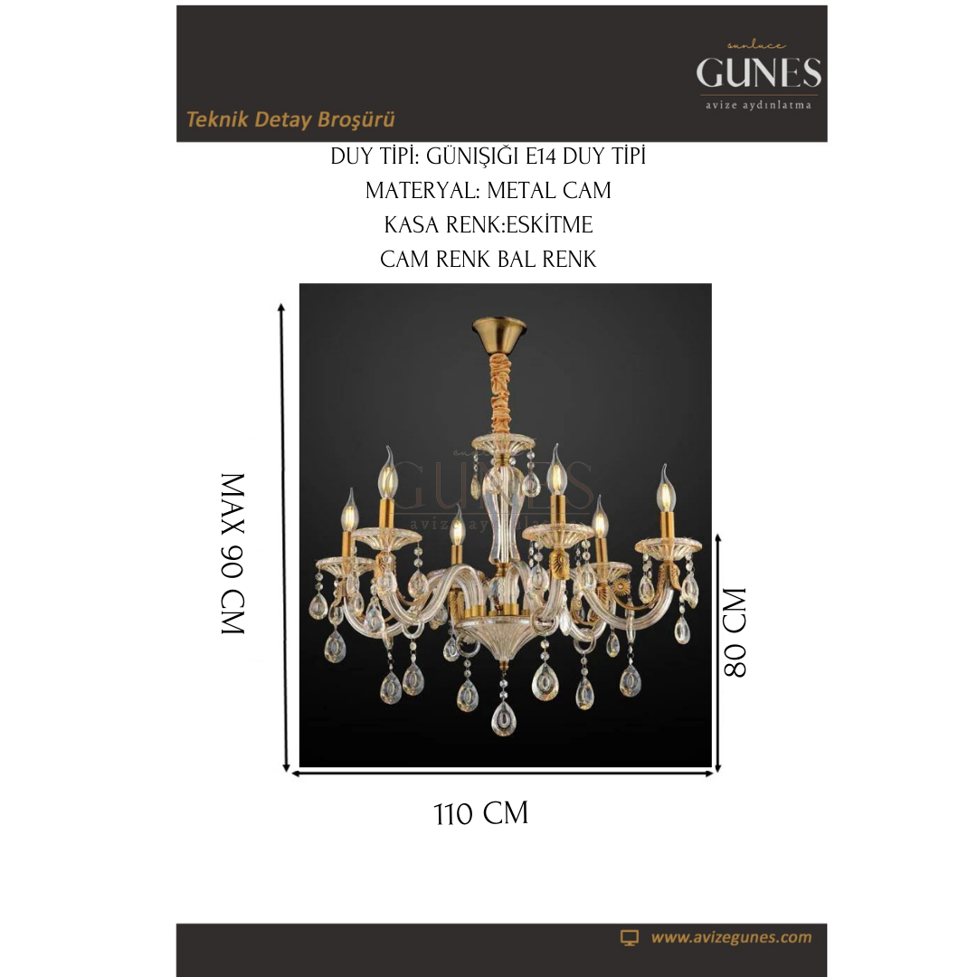 GZM 018 8 Lİ ESKİTME CAM KOL AVİZE