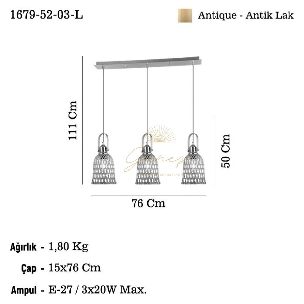 NATURA 3 LU ANTIK LAK SIRALI SARKIT AVIZE 3XE27