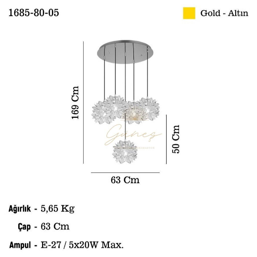 ROZERA 4+1 LI ALTIN SARKIT AVİZE 5XE27