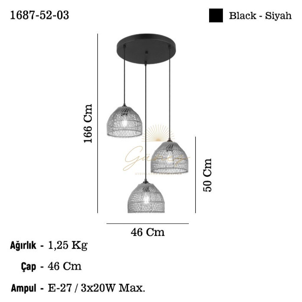 ZERFA 3 LU SİYAH AVİZE 3XE27