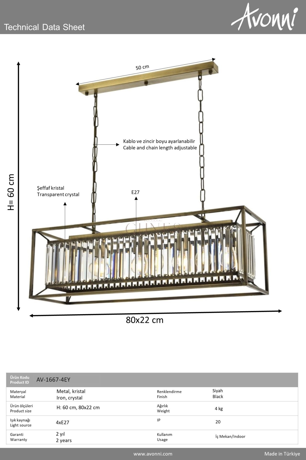 Eskitme Kaplama Modern Avize AVONNİ-AV-1667-4EY