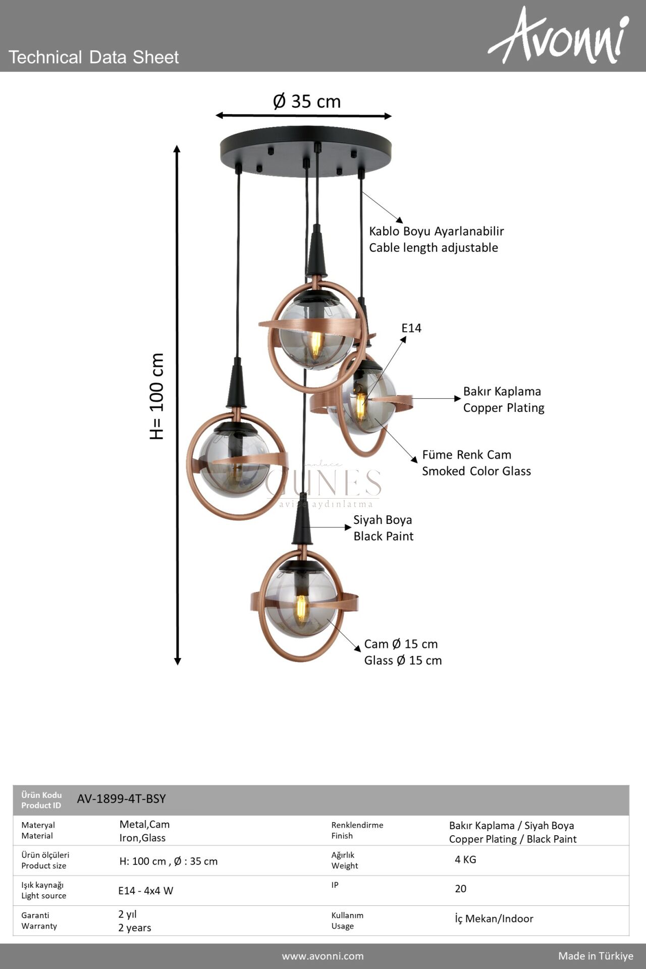 Siyah/Bakır Boya/Kaplama Modern Avize AVONNI AV-1899-4T-BSY
