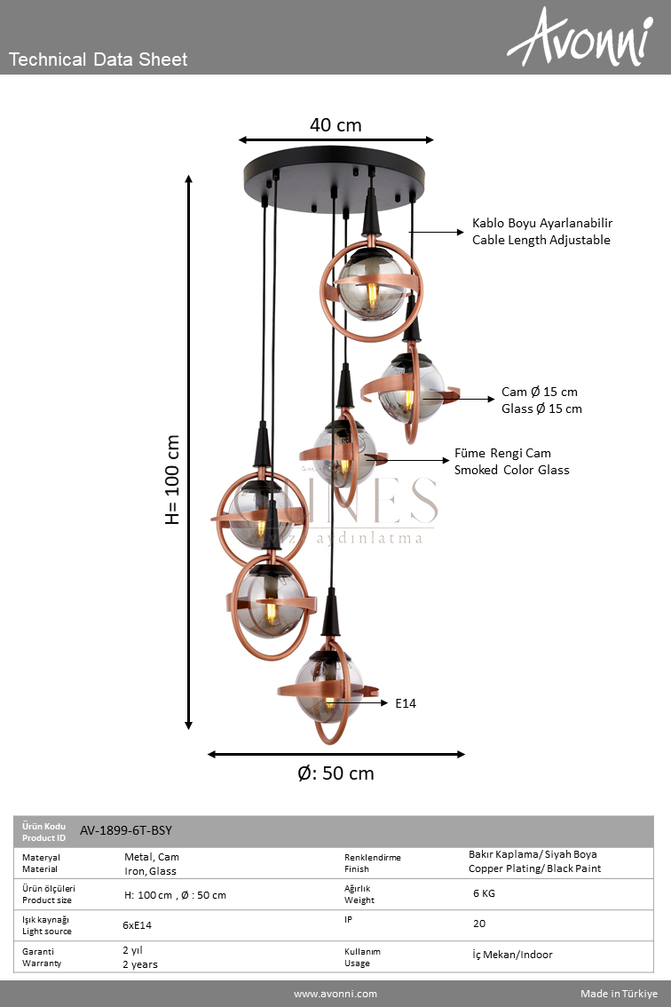 Siyah/Bakır Boya/Kaplama Modern Avize AVONNI AV-1899-6T-BSY