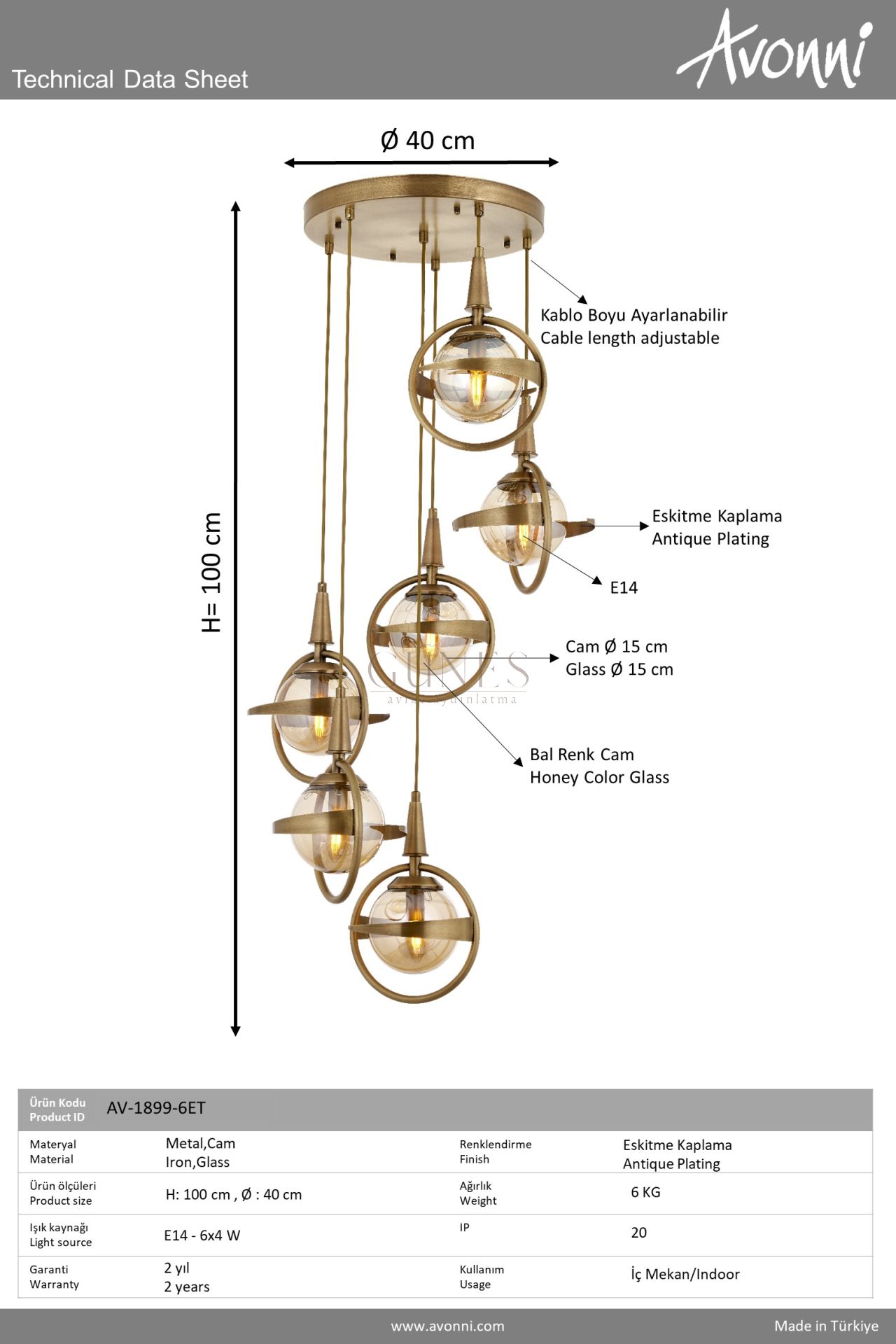 Eskitme Kaplama Modern Avize AVONNI AV-1899-6ET