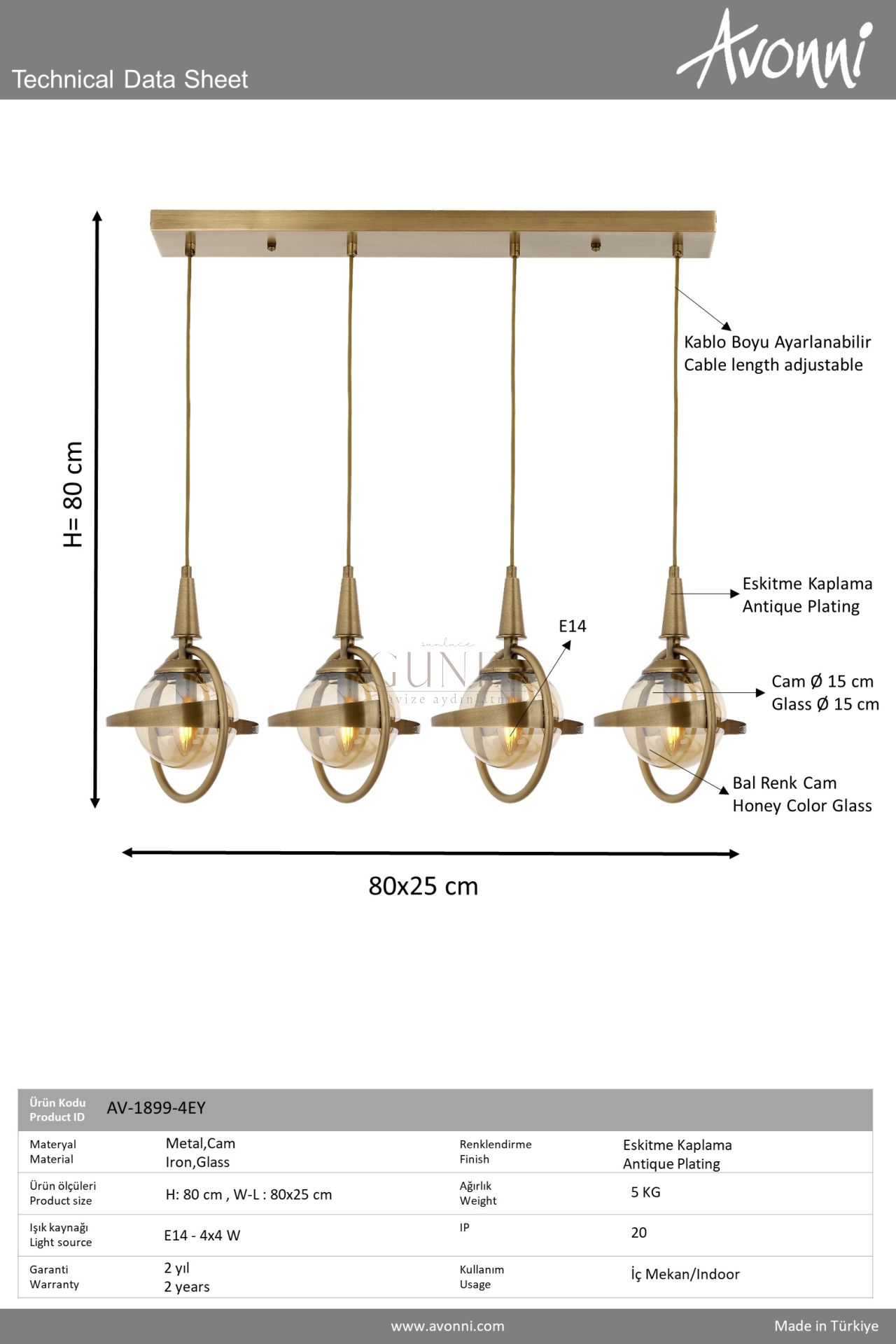 Eskitme Kaplama Modern Avize AVONNI AV-1899-4EY
