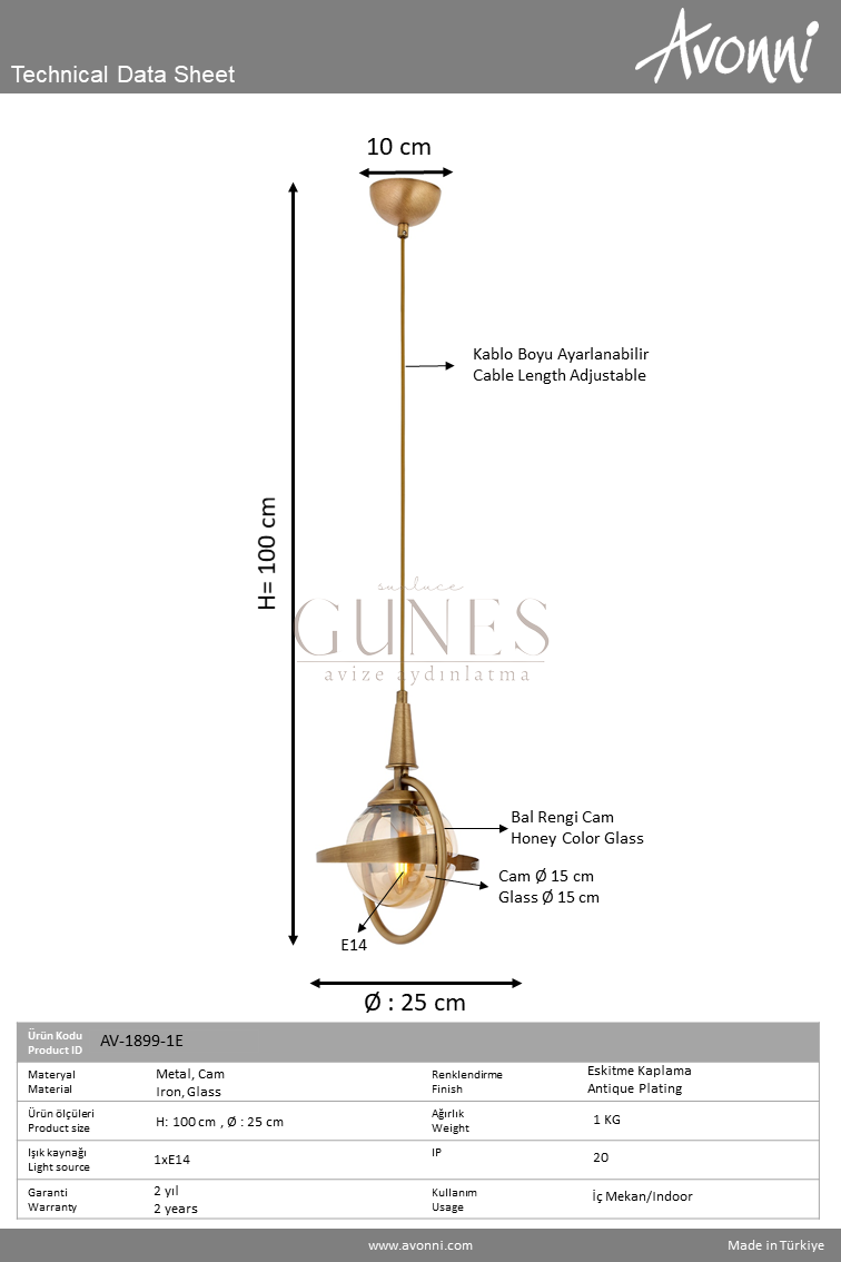Eskitme Kaplama Modern Avize AVONNI AV-1899-1E