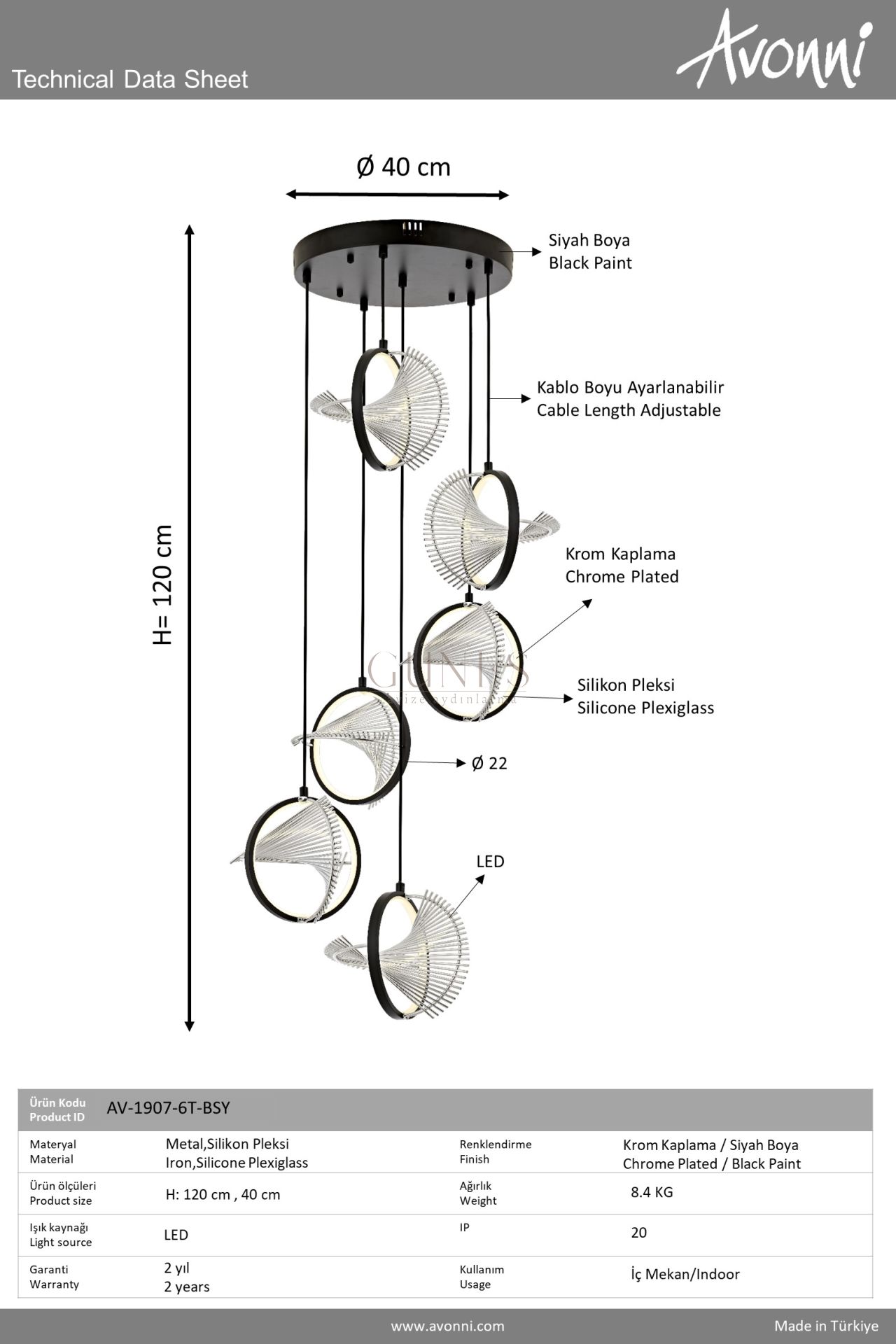 Siyah Boyalı Modern Avize AVONNI AV-1907-6T-BSY