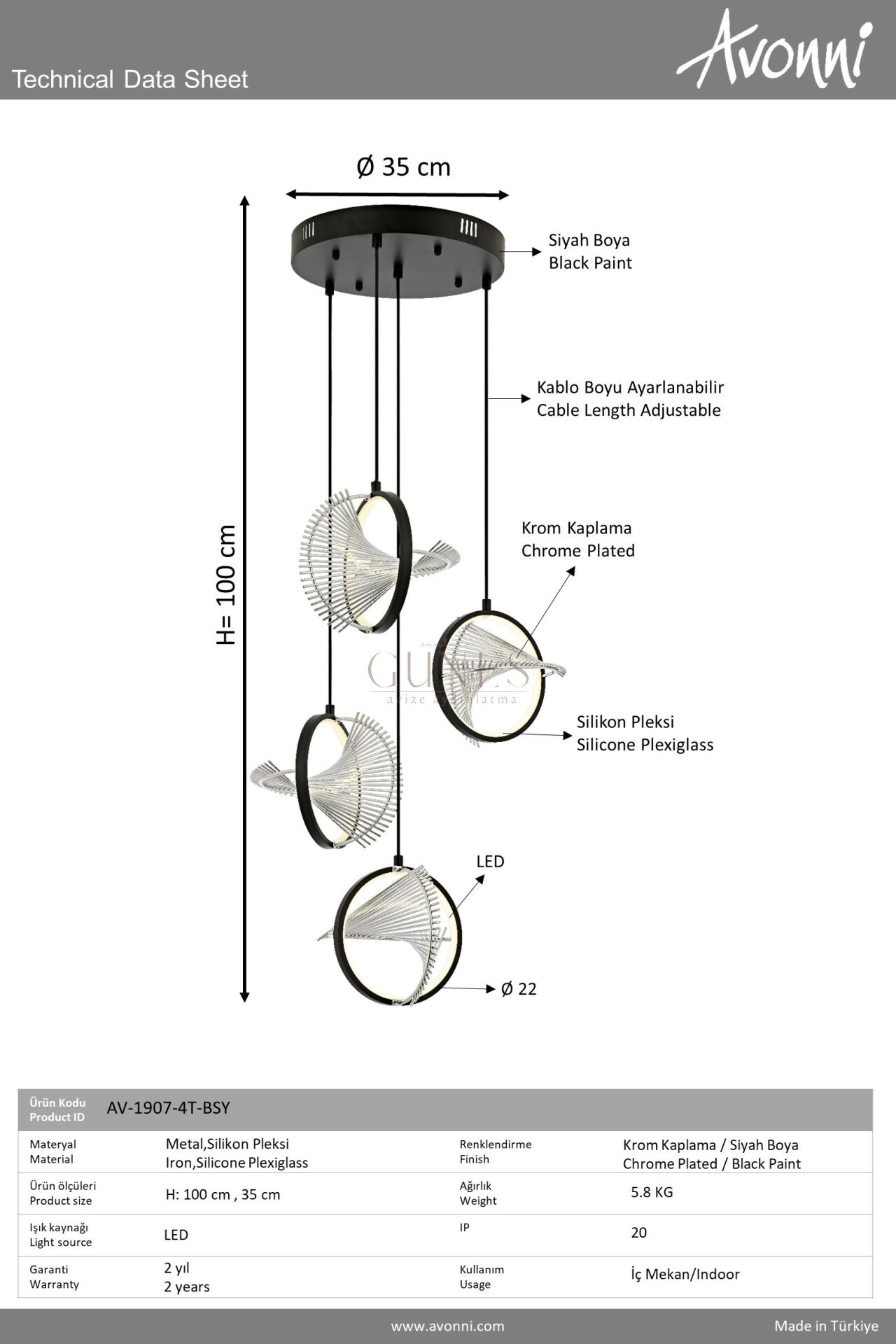 Siyah Boyalı Modern Avize AVONNI AV-1907-4T-BSY