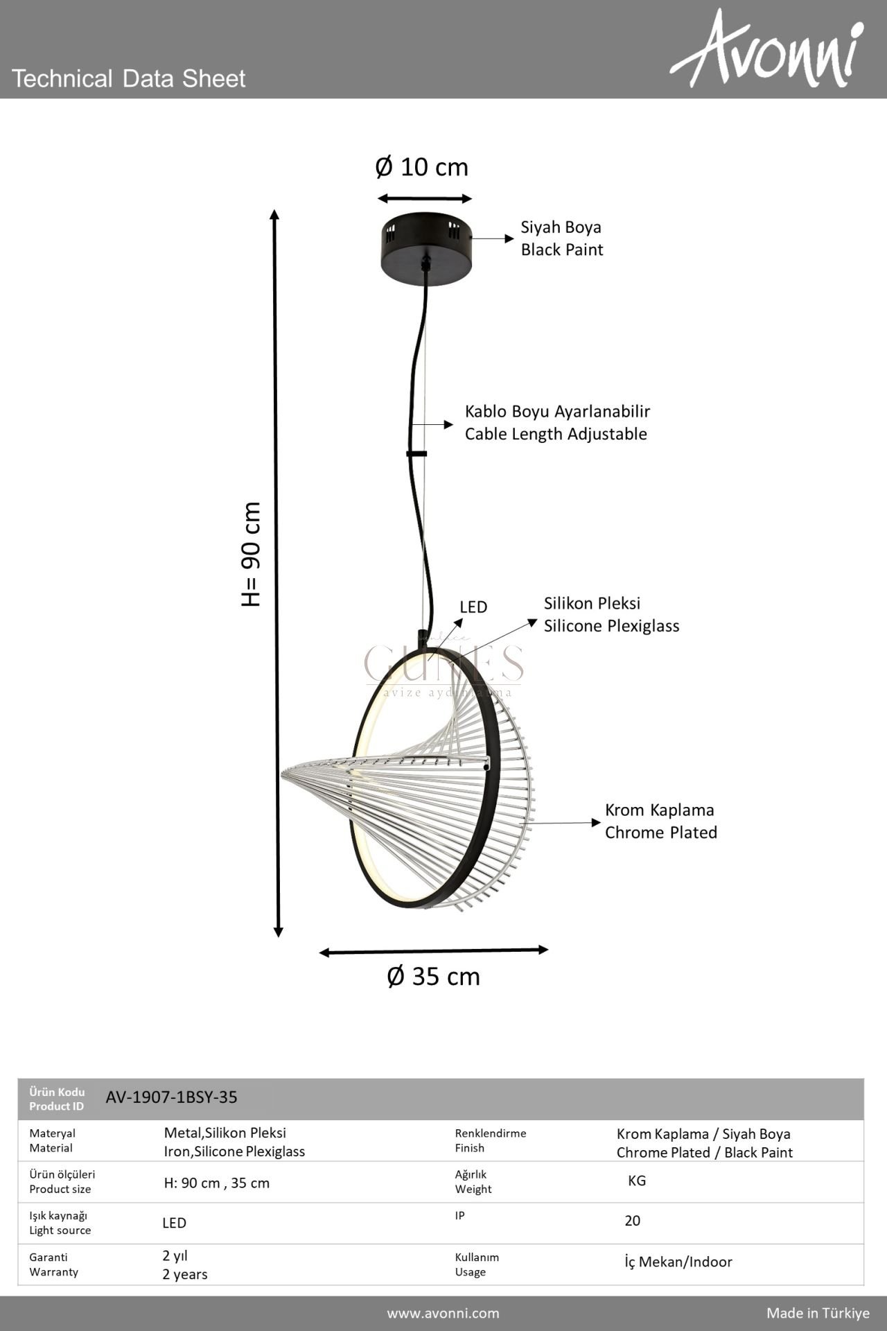 Siyah Boyalı Modern Avize AVONNI AV-1907-1BSY-35