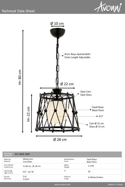 Siyah Boyalı Modern Avize AVONNI AV-1904-1BSY