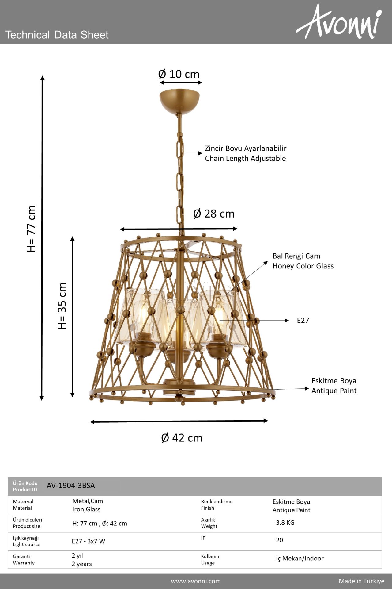 Eskitme Boyalı Modern Avize AVONNI AV-1904-3BSA