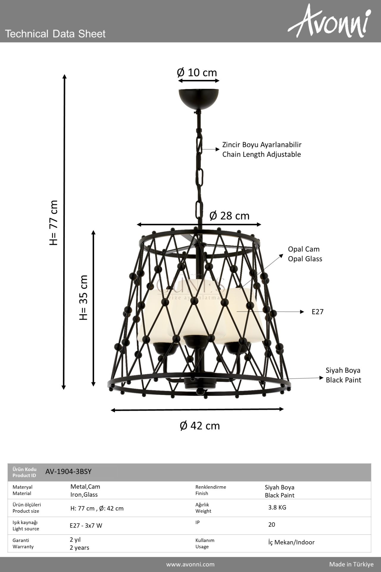 Siyah Boyalı Modern Avize AVONNI AV-1904-3BSY