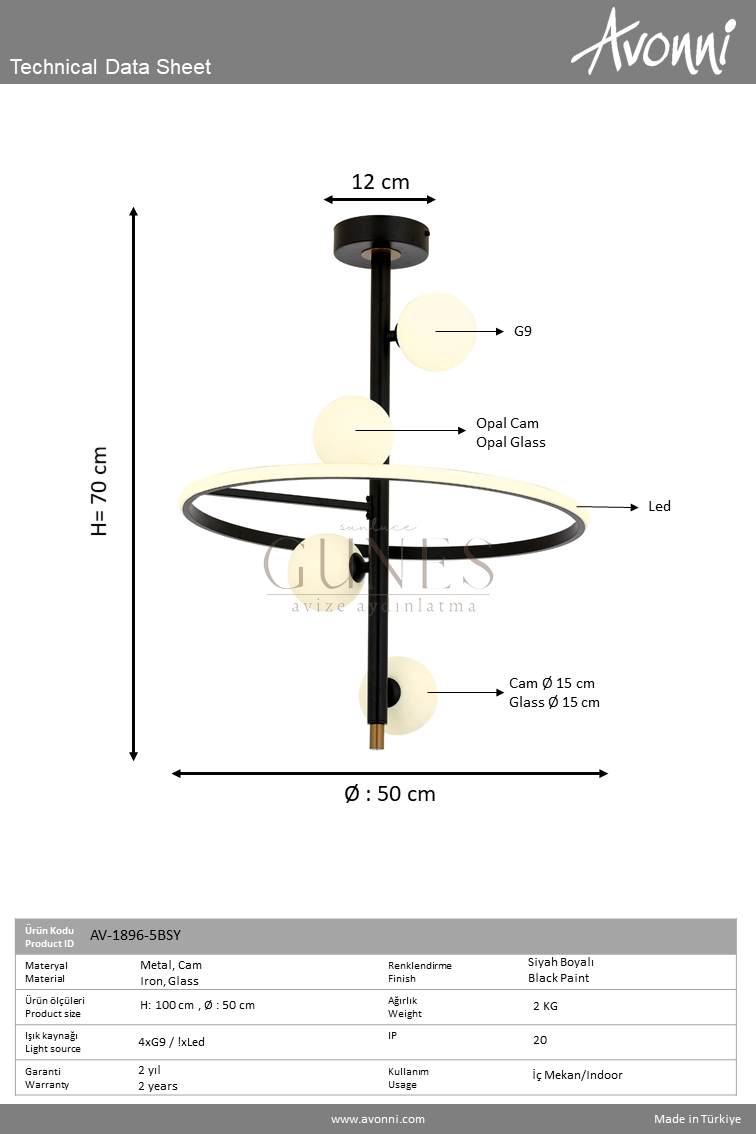 Siyah Boyalı Modern Avize AVONNI AV-1896-5BSY
